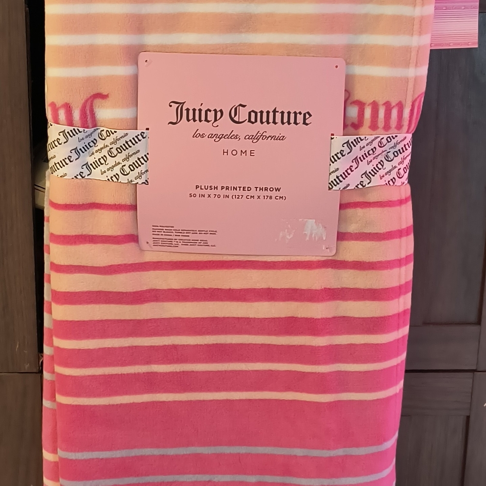 Juicy Couture Pink and Cream Striped Plush Throw